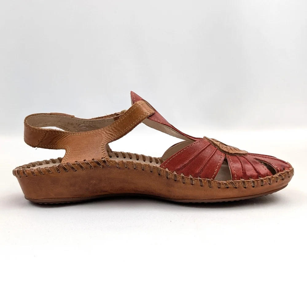 Pikolinos Puerto Vallarta Sandals Leather Slingback Closed Toe Red Tan EU 37